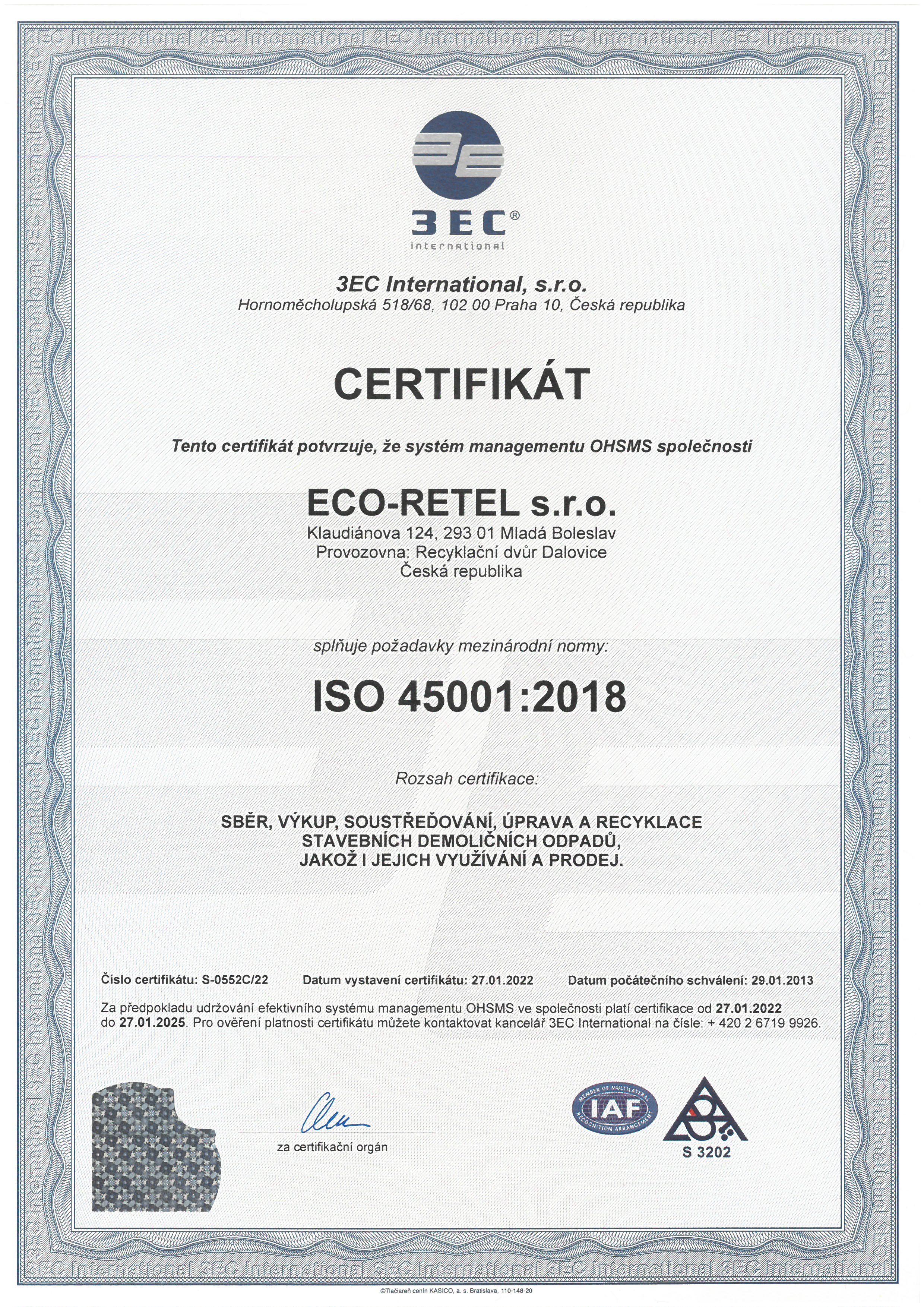 Certifikát systém managementu BOZP společnosti ISO 45001:2018