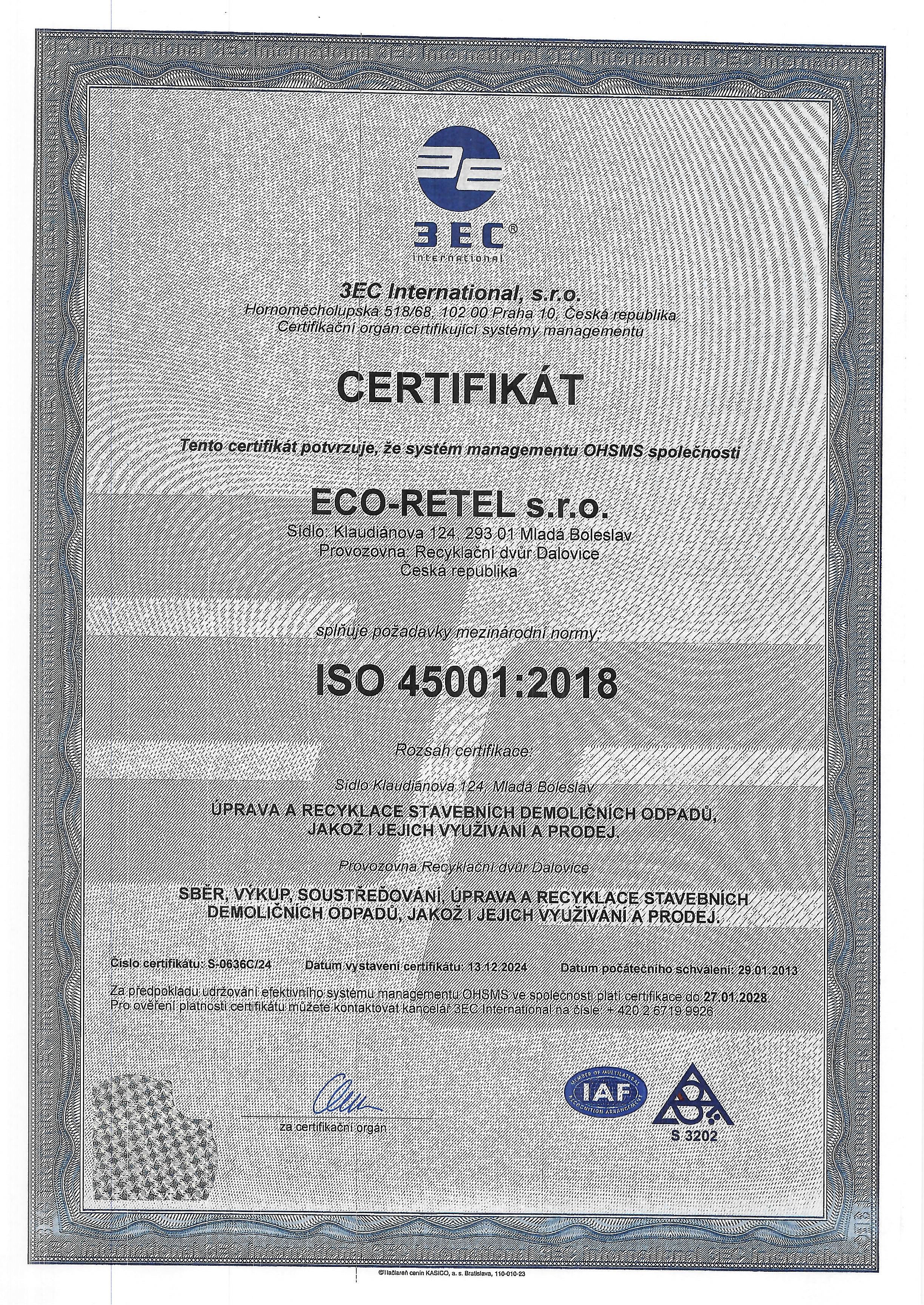 Certifikát systém managementu BOZP společnosti ISO 45001:2018