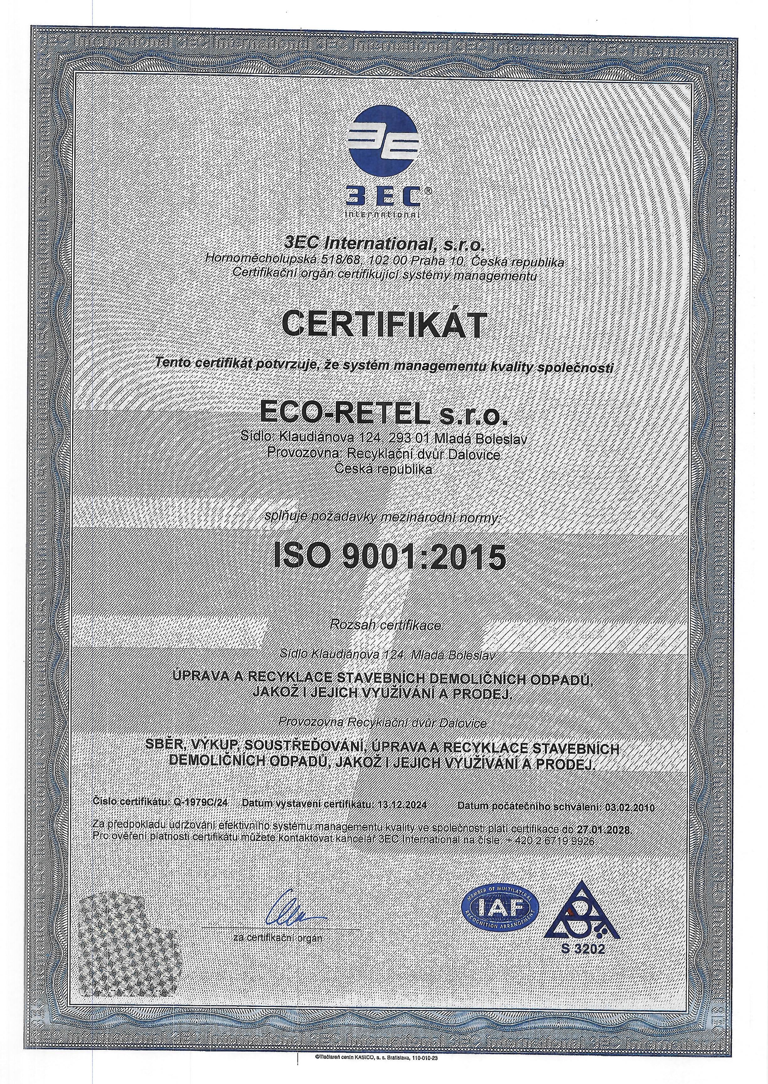Certifikát managementu kvality společnosti ISO 9001:2015